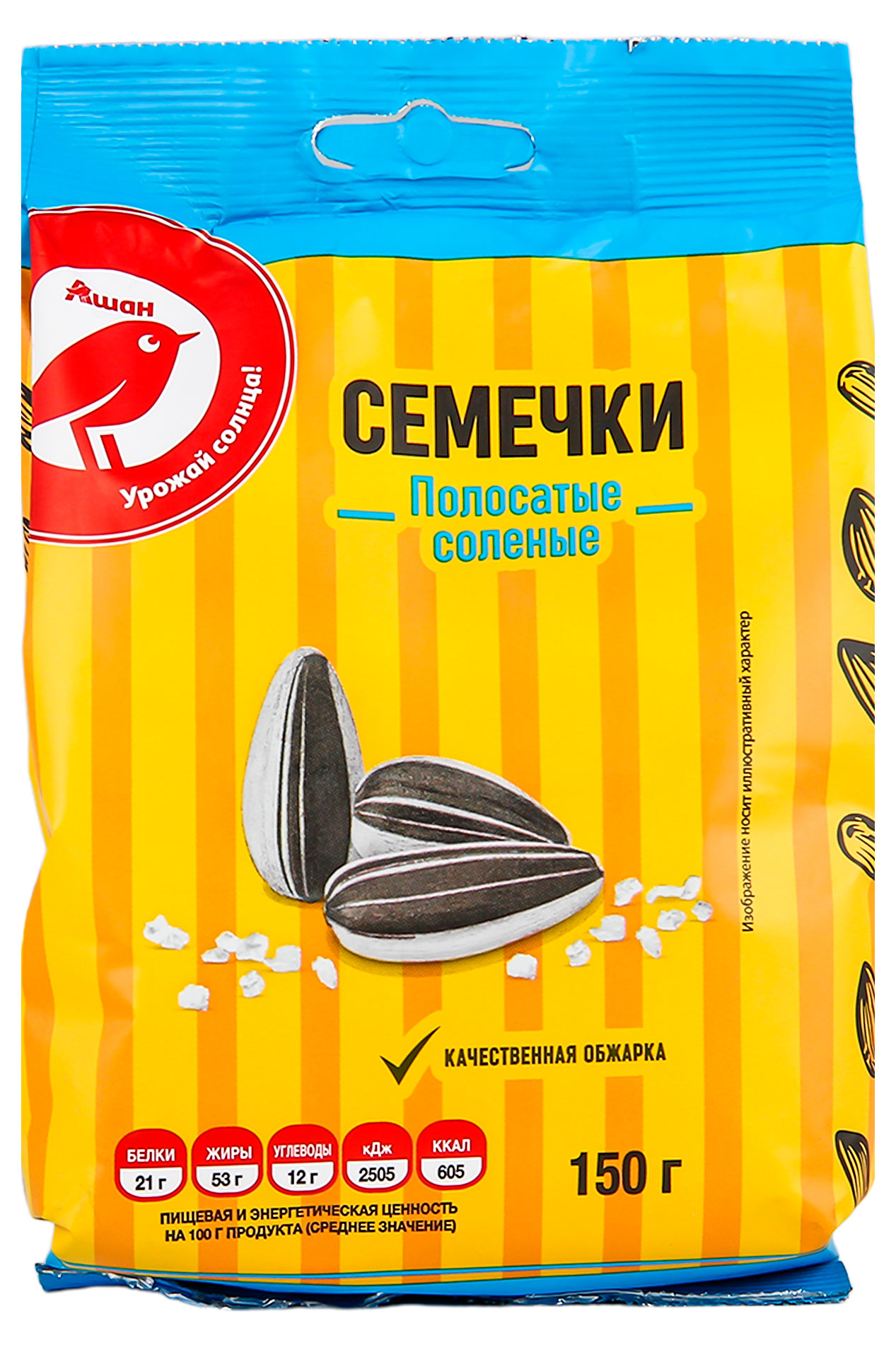 

Семечки полосатые АШАН Красная птица жареные с солью, 150 г