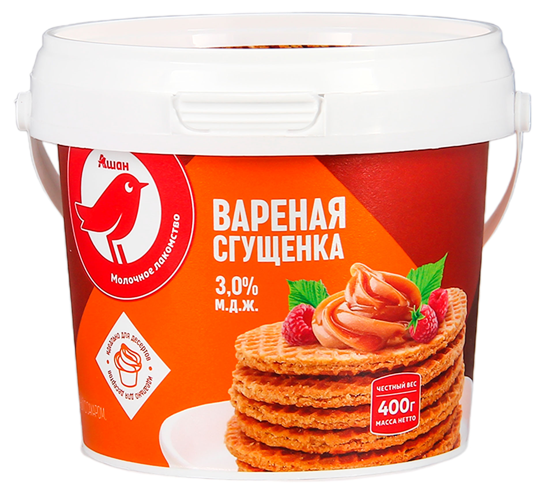 

Вареная сгущенка АШАН Красная птица с сахаром для десертов 3% БЗМЖ, 400 г