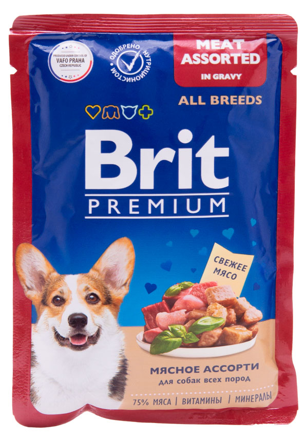 

Влажный корм для собак Brit мясное ассорти в соусе, 85 г