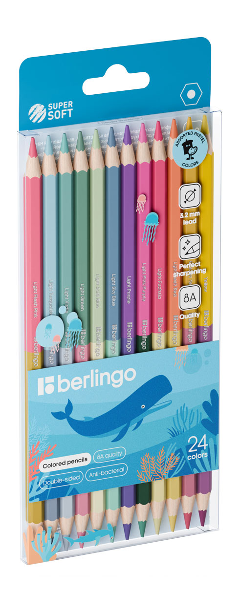 

Карандаши цветные Berlingo SuperSoft Pastel пастельные двусторонние, 24 цвета, 12 шт