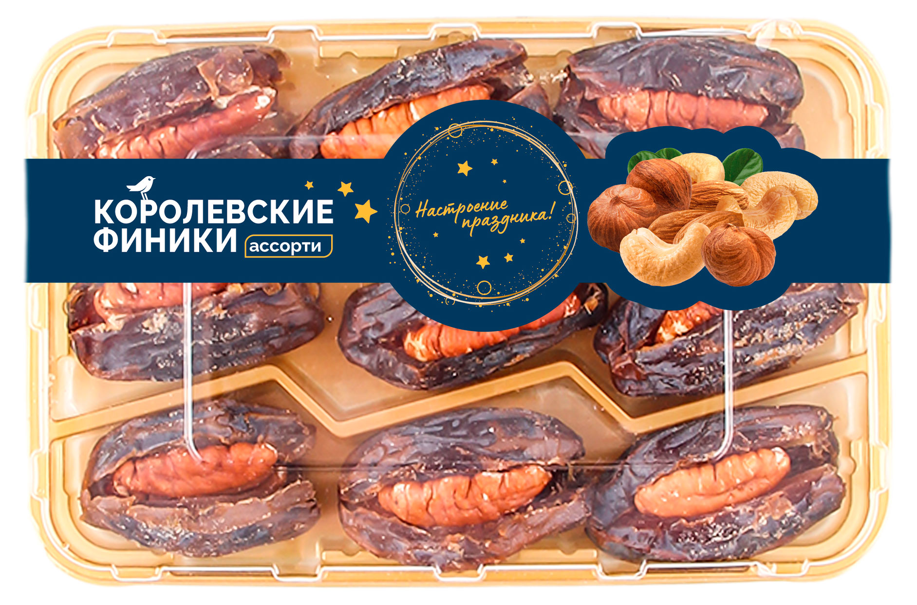 

Финики АШАН Золотая птица с начинкой ассорти, 200 г