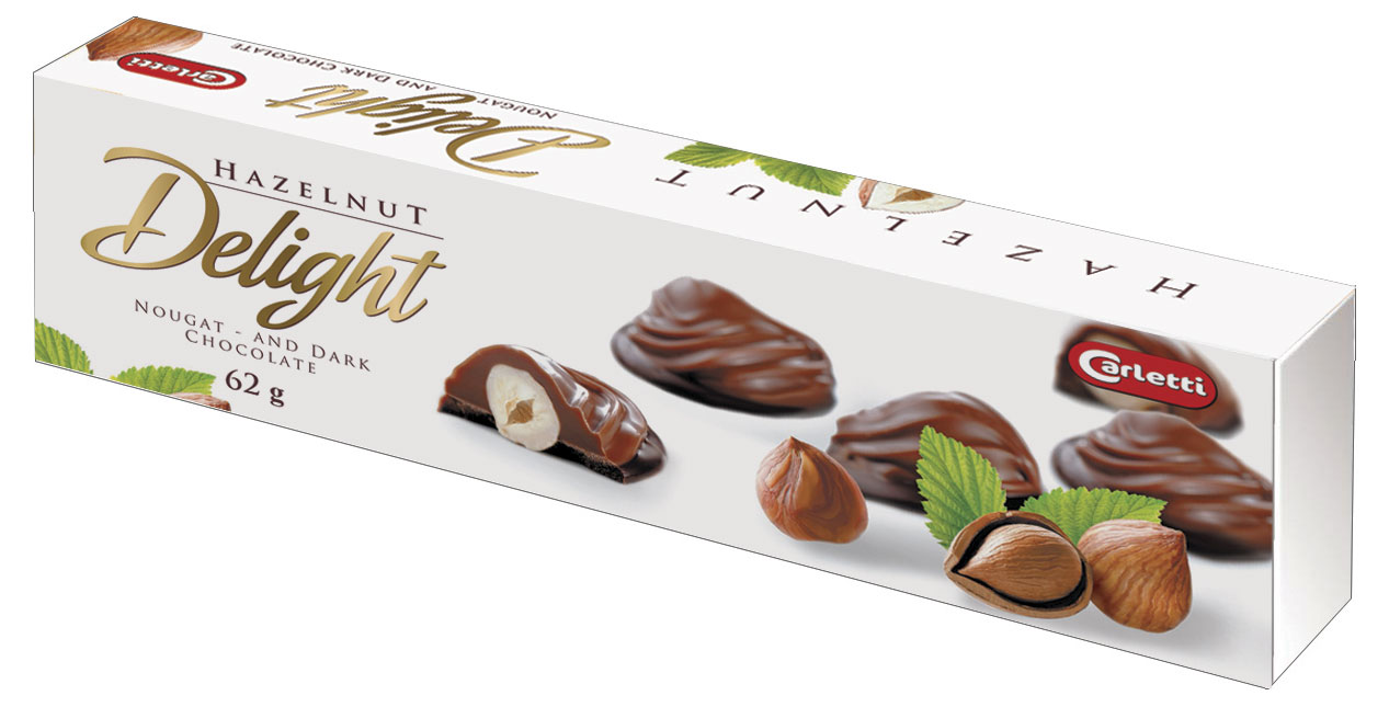 

Конфеты шоколадные Carletti Delight с нугой и цельным лесным орехом, 62 г