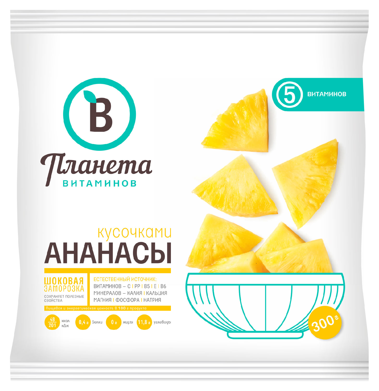 

Фруктовая смесь Ананасы кусочками Планета Витаминов быстрозамороженные, 300 г