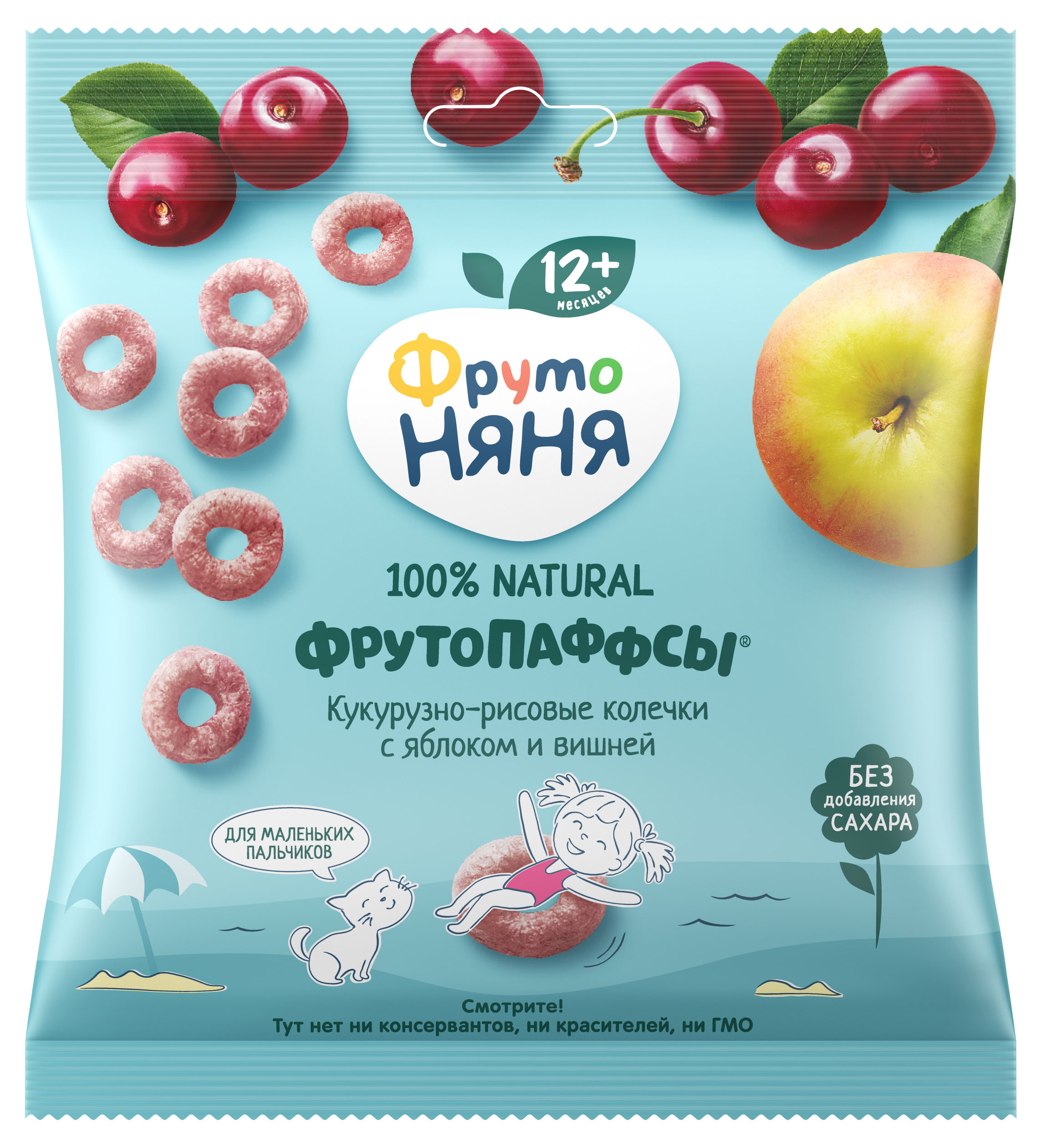 

Злаки хрустящие ФрутоНяня ФрутоПаффсы кукурузно-рисовые с яблоком и вишней, 21 г