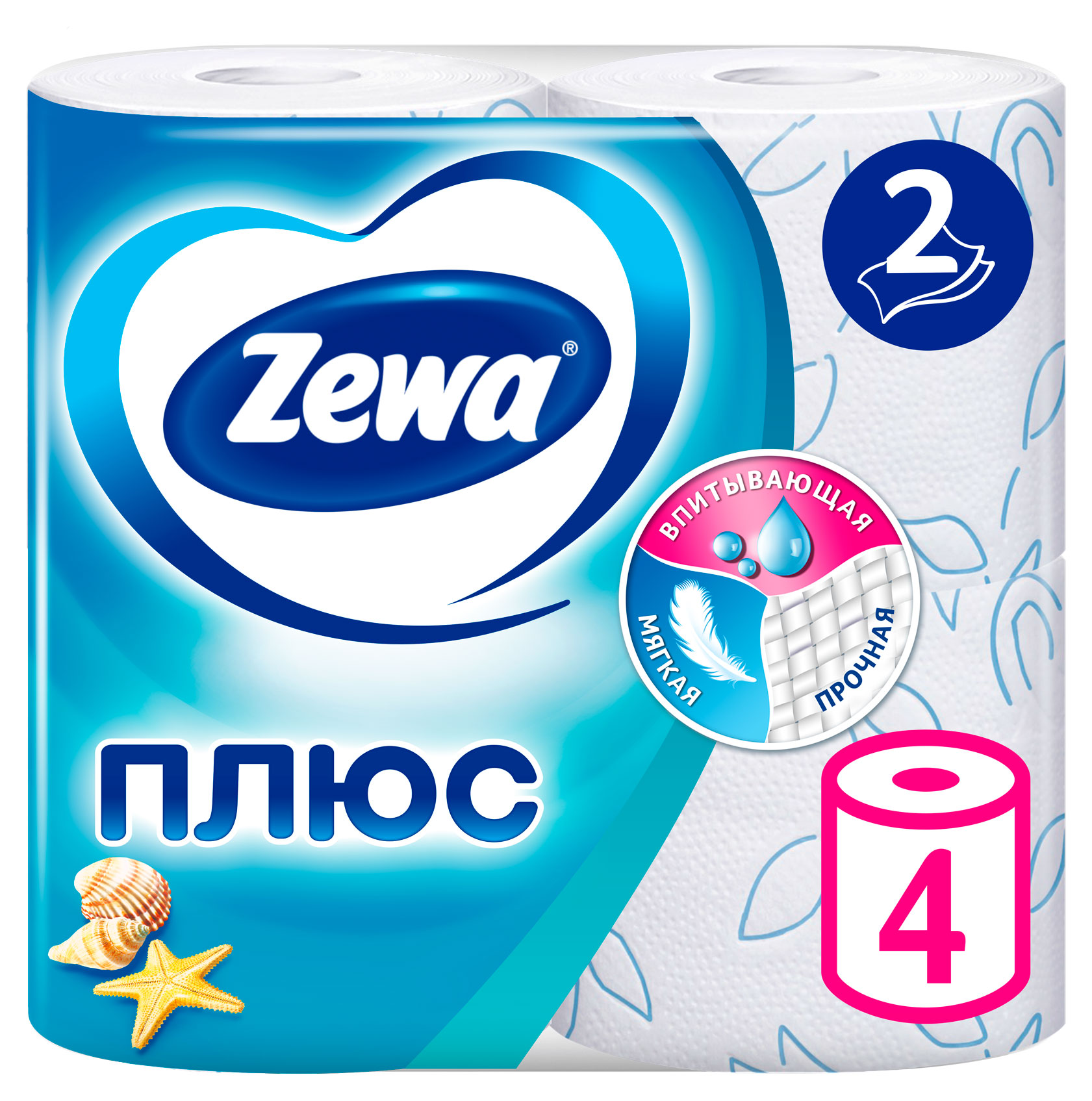 

Туалетная бумага Zewa Плюс Свежесть океана, 2 слоя, 4 рулона