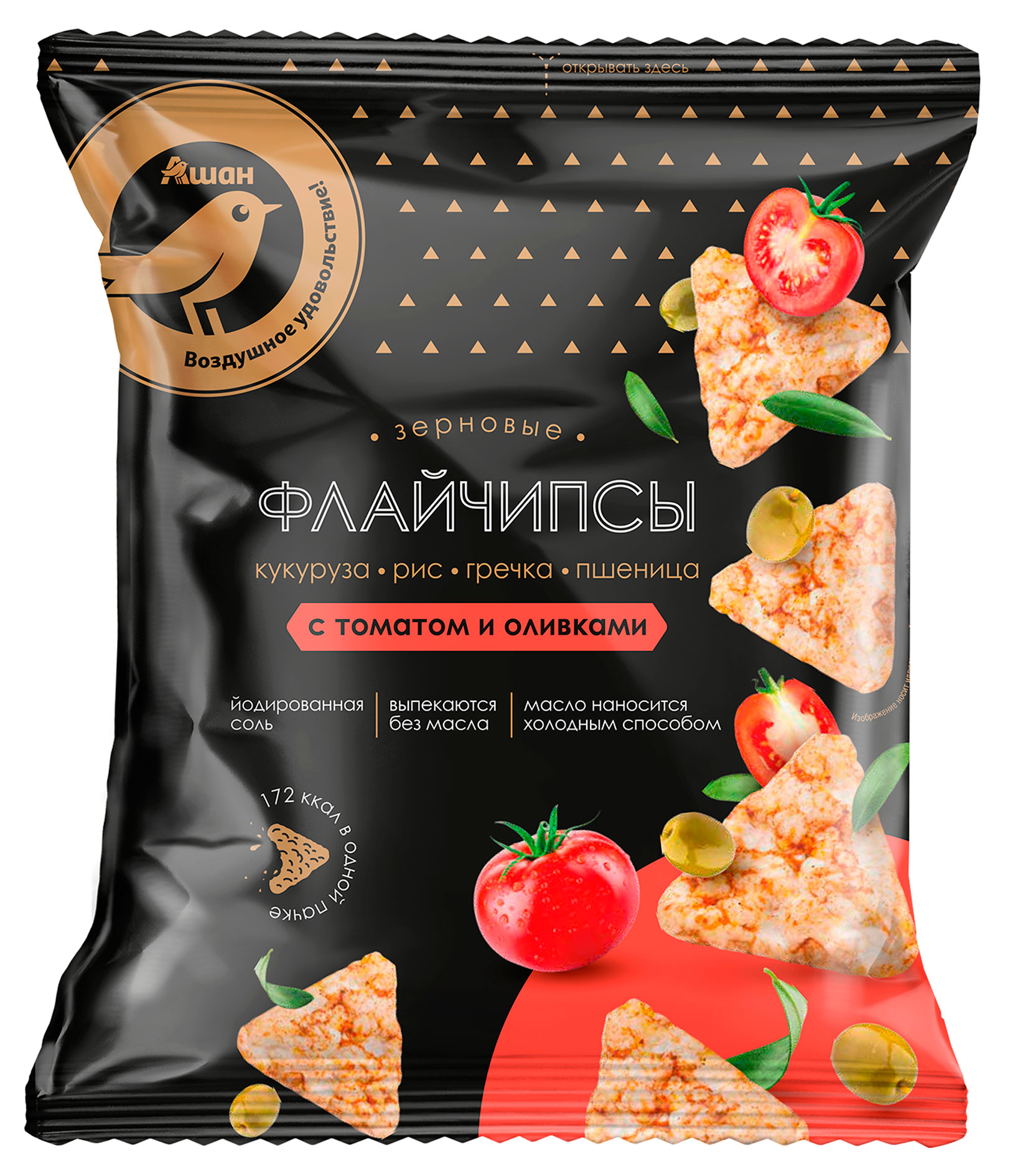 

Флайчипсы АШАН Золотая птица с томатами и оливками, 40 г