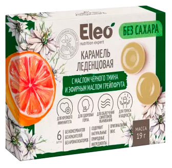 

Карамель леденцовая Eleo с маслом черного тмина и эфирным маслом грейпфрута без сахара, 19 г