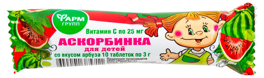 

Аскорбинка для детей Фармгрупп со вкусом арбуза, 10 таблеток по 3 г