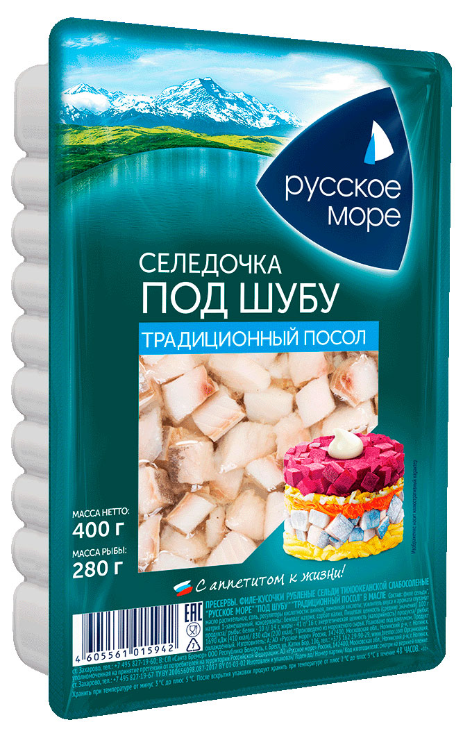 

Сельдь слабосоленая в масле Русское море Под шубу филе-кусочки, 400 г