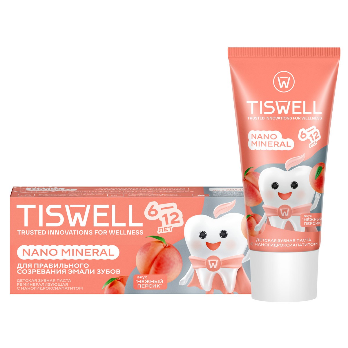 Изображение товара Зубная паста детская TISWELL Реминерализующая Нежный персик от кариеса 6–12 лет, 60 г