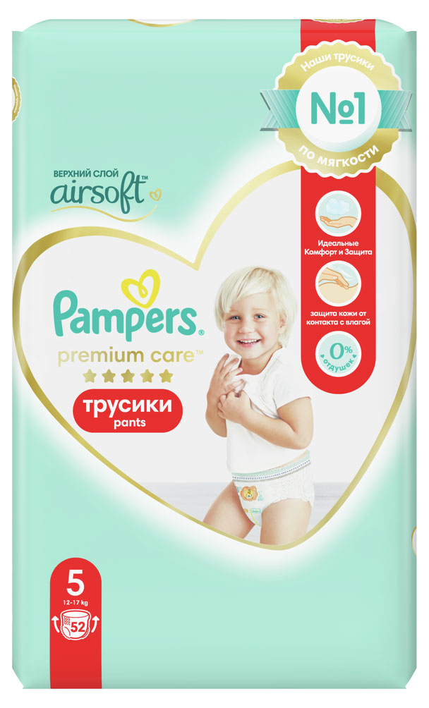 

Pampers Premium Care Трусики Размер 5, 52 Трусиков, 12кг-17кг