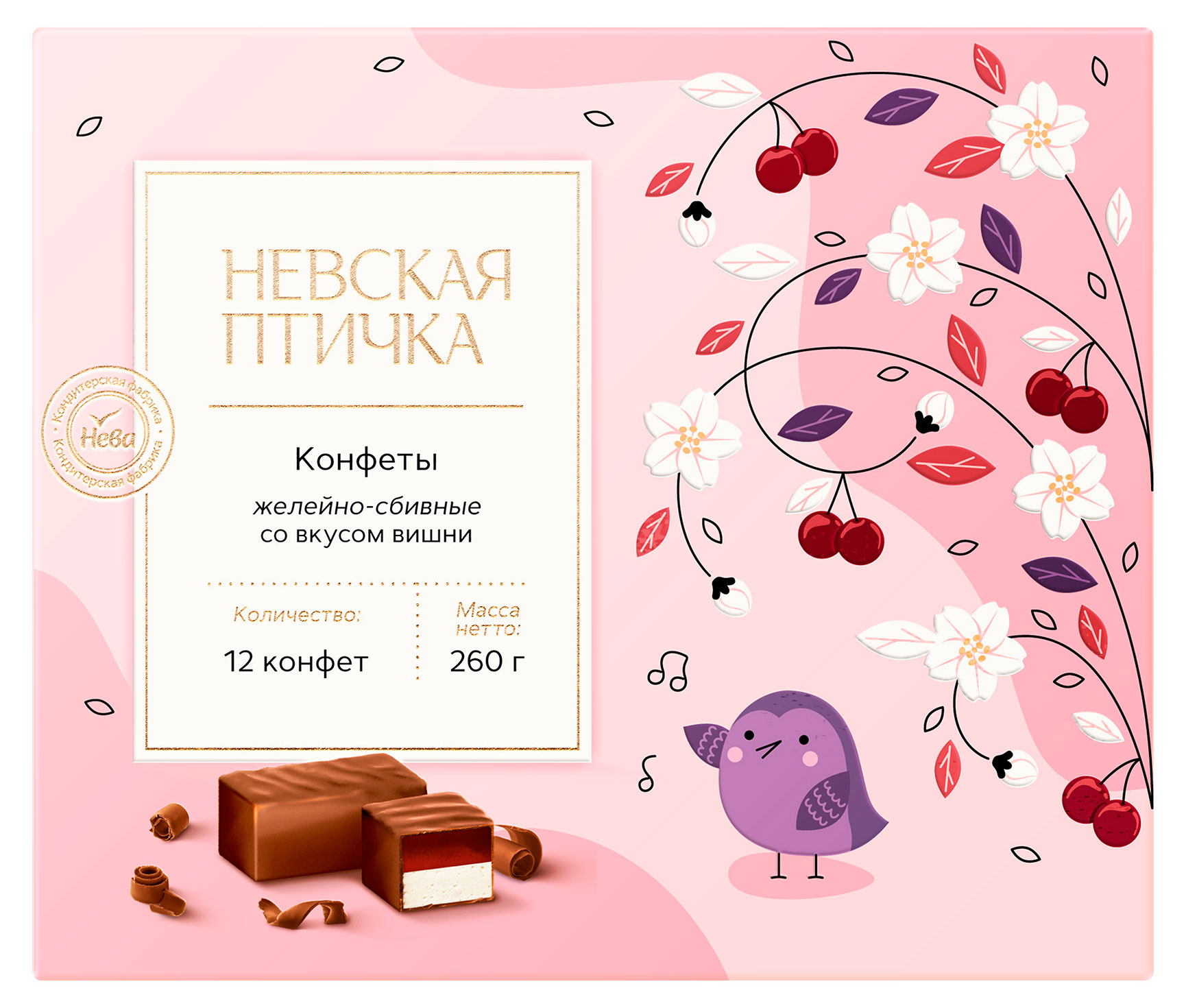 

Конфеты желейно-сбивные Невская Птичка глазированные со вкусом вишни, 260 г