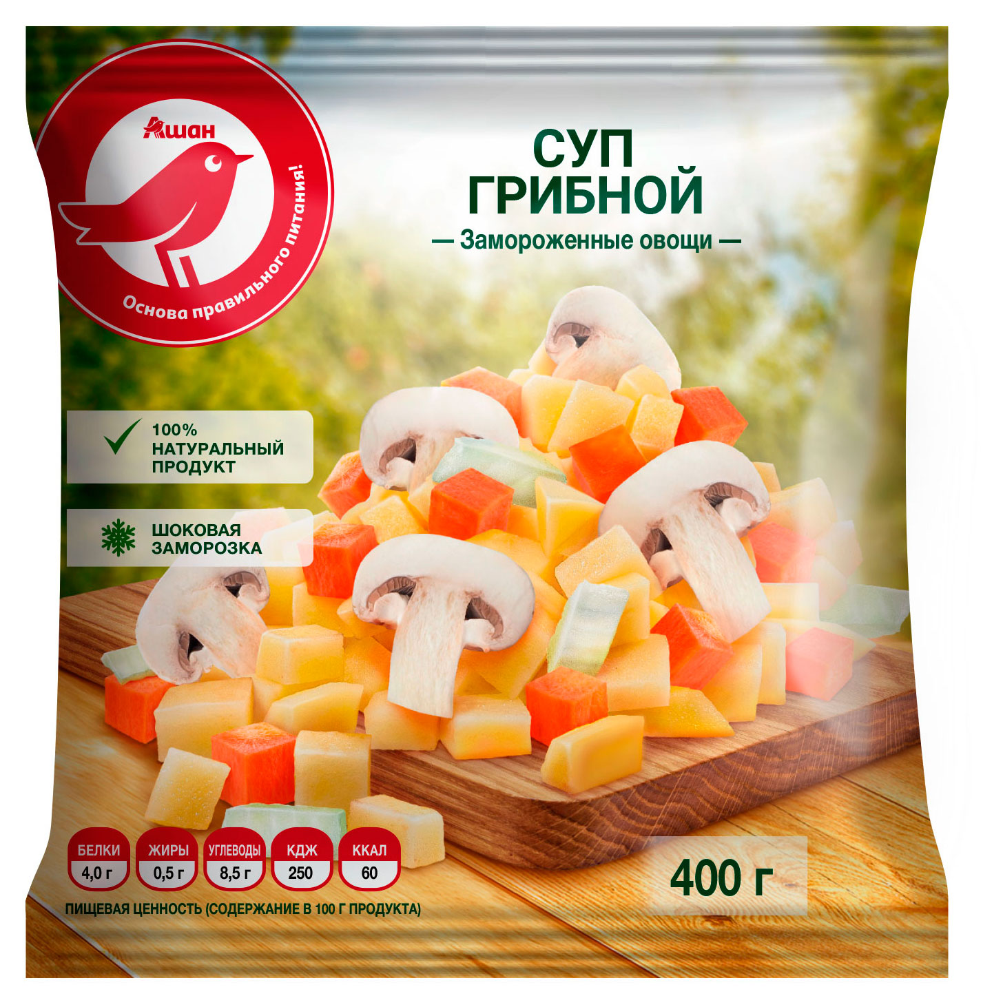 

Смесь суповая овощная АШАН Красная птица Суп грибной замороженная, 400 г