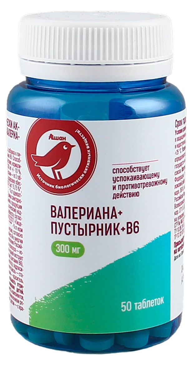 

Валериана+пустырник АШАН Красная птица 300 мг, 50 таблеток