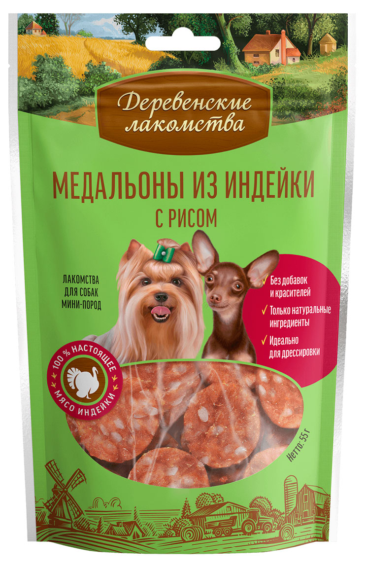 

Лакомства для собак Деревенские лакомства Медальоны из индейки с рисом, 55 г