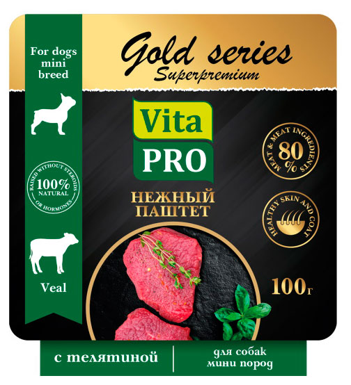 

Корм консервированный для собак Vita Pro GOLD series Superpremium нежный паштет с телятиной, 100 г