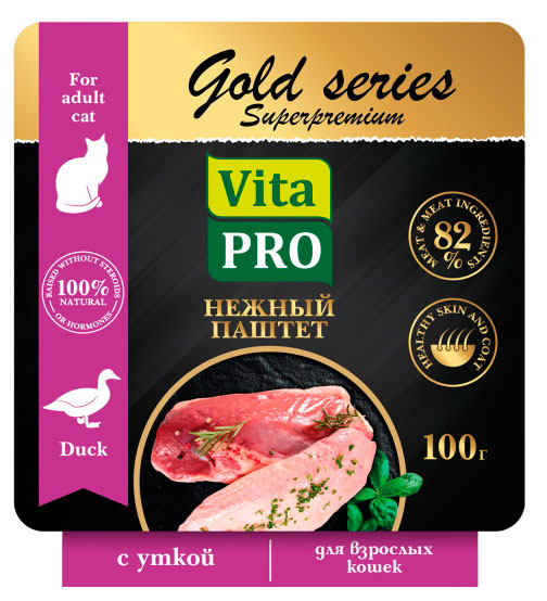 

Корм консервированный для кошек Vita Pro GOLD series Superpremium нежный паштет с уткой, 100 г