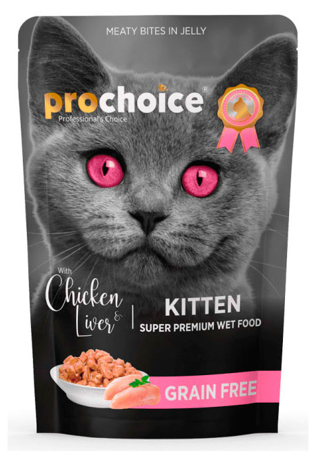 

Корм влажный для котят Prochoice с курицей и печенью кусочки в желе, 85 г
