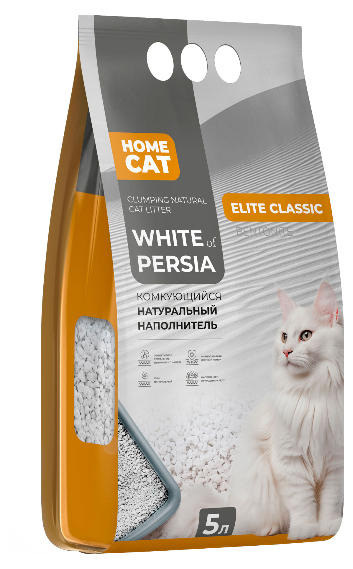 

Наполнитель для кошачьего туалета HOMECAT White Of Persia Elite Classic комкующийся натуральный, 5 л