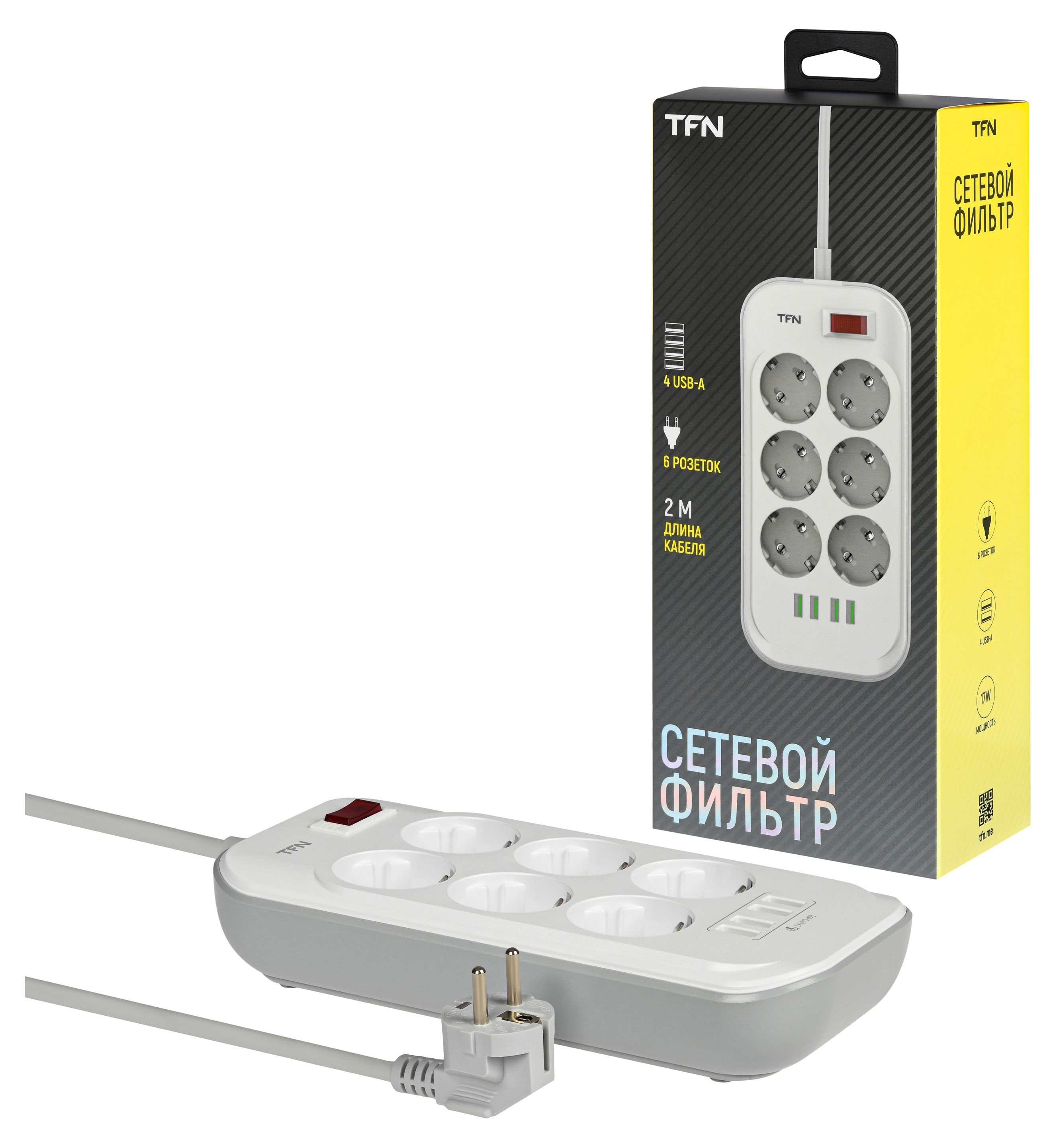 

Сетевой фильтр TFN Power 3 White 6 розеток 4хUSB-A, 2 м