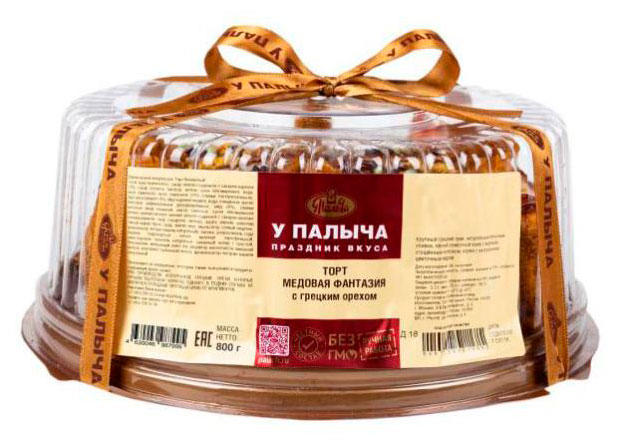 

Торт бисквитный У Палыча Медовая фантазия с грецкими орехами и вареной сгущенкой порционный нарезка охлажденный, 800 г