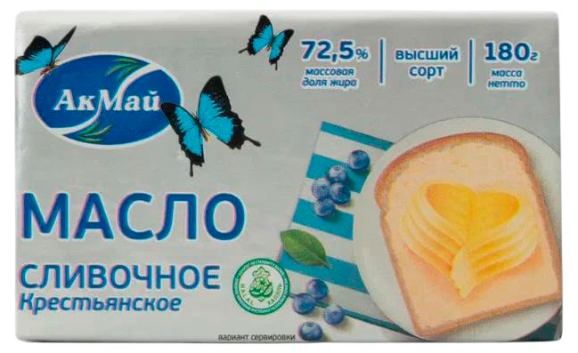 

Масло сливочное АкМай Крестьянское Халяль 72,5% БЗМЖ, 180 г