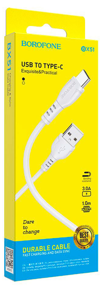 

Кабель Borofone BX51 USB- TYPE-C 3А белый, 1 м