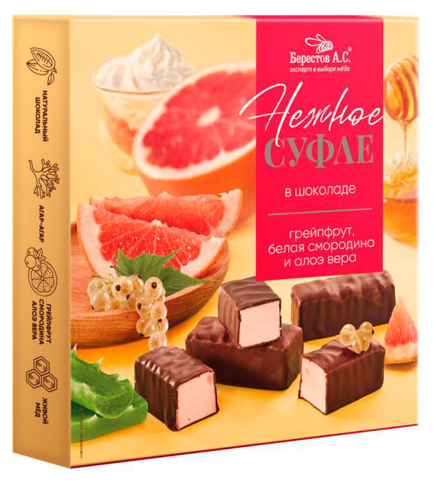 

Конфеты Берестов А.С. Нежное суфле с грейпфрутом белой смородиной и алоэ-вера, 155 г