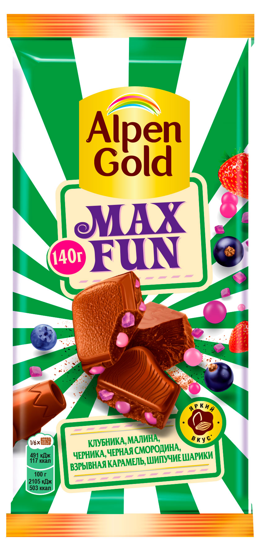 

Шоколад молочный Alpen Gold Maxfun c фруктово-ягодными кусочками и взрывной карамелью, 140 г