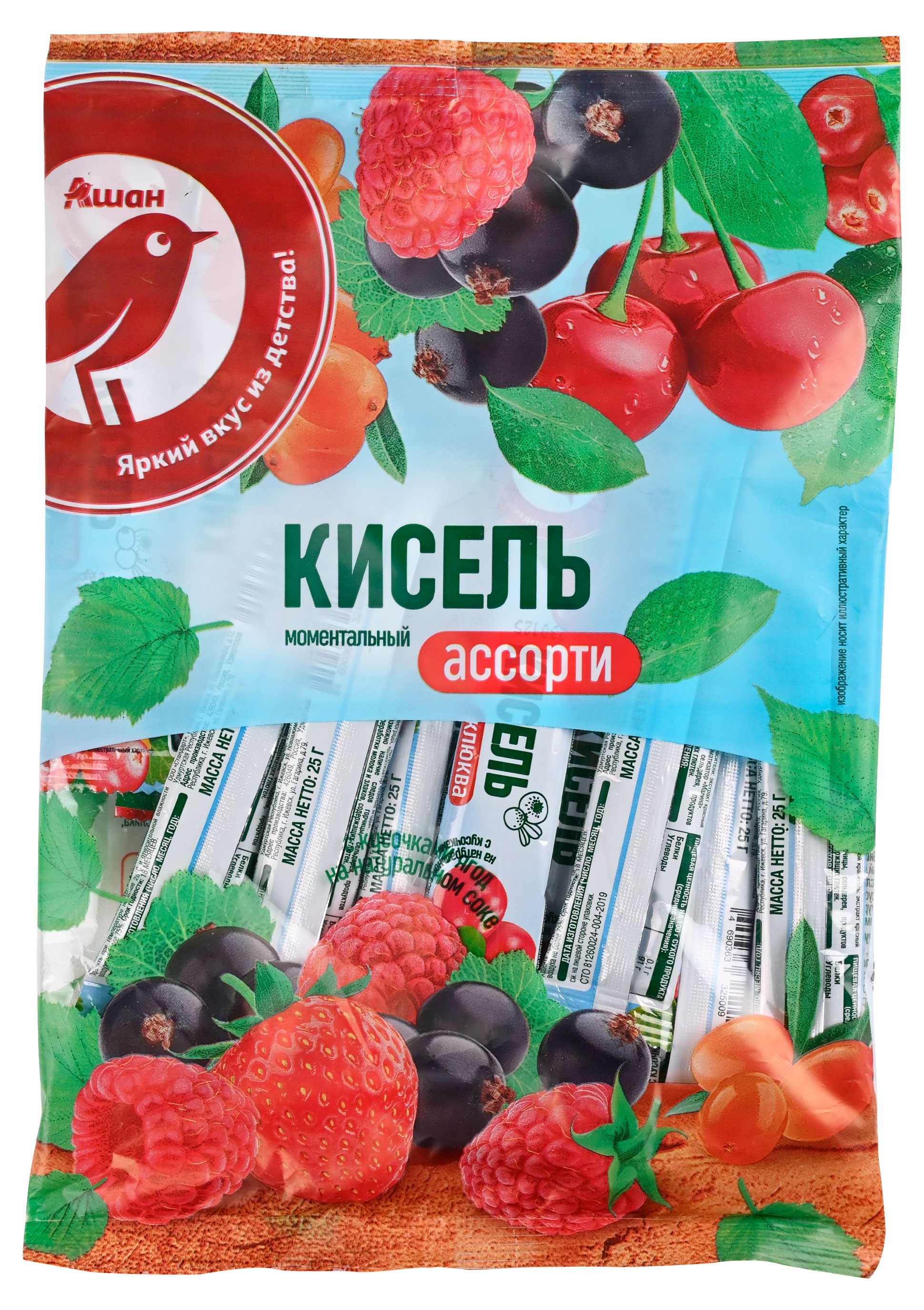 Изображение товара Кисель АШАН Красная птица моментальный Ассорти, 10х25 г