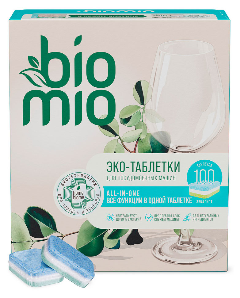 

Таблетки для посудомоечной машины BioMio All-in-One с эфирным маслом эвкалипта 16г, 100 шт