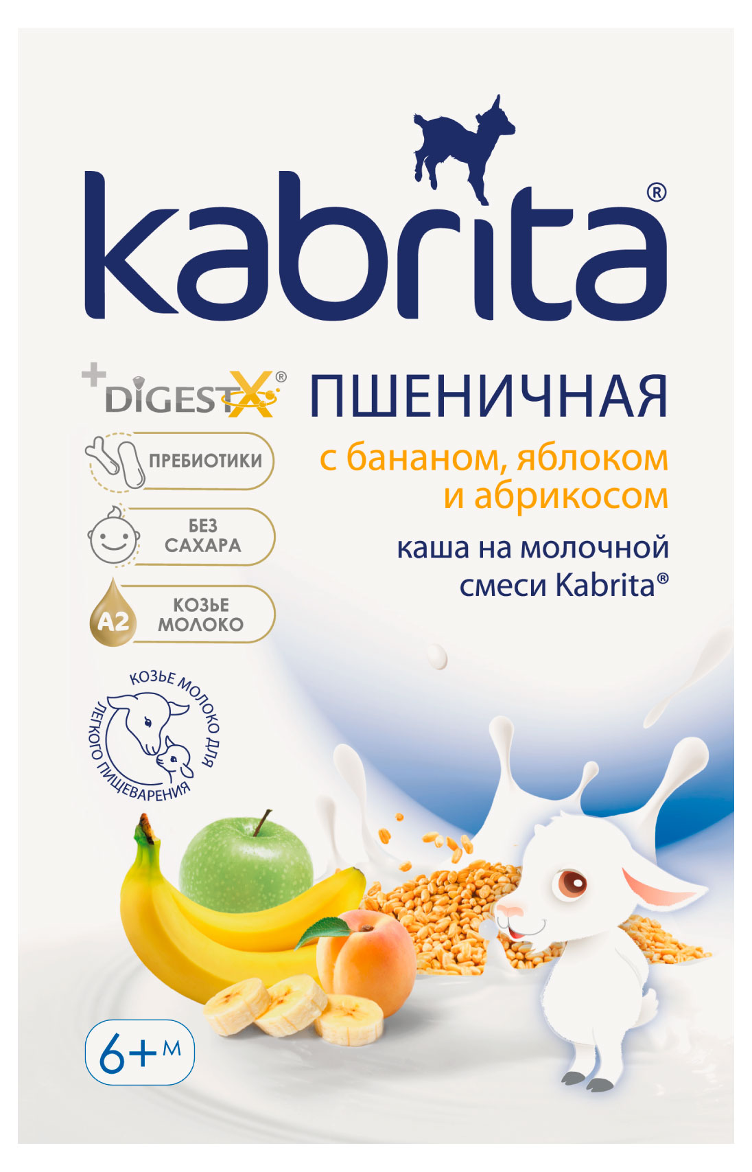 

Каша сухая молочная пшеничная Kabrita банан-яблоко-абрикос без сахара с 6 мес., 180 г