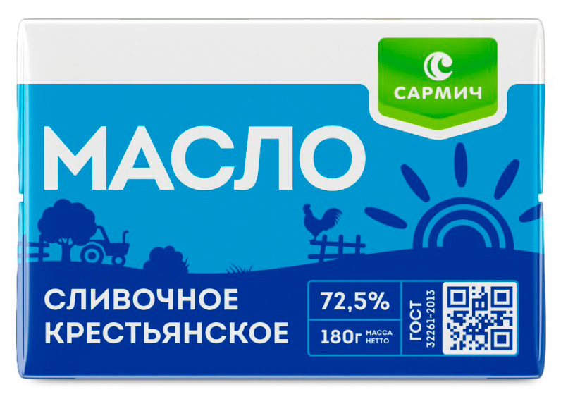 Изображение товара Масло сливочное «Сармич» Крестьянское 72,5% БЗМЖ, 180 г
