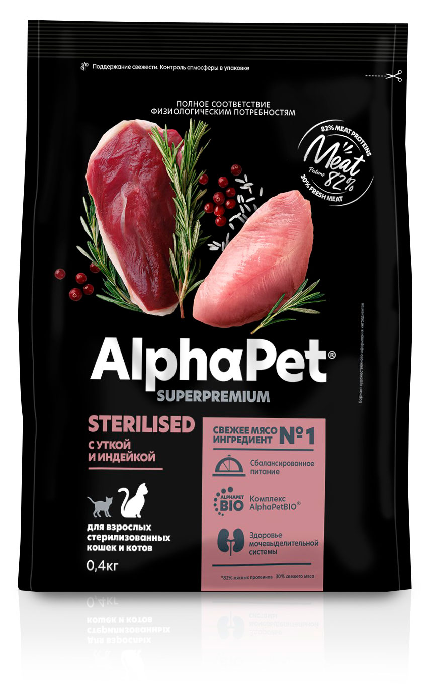 

Сухой корм для стерилизованных кошек и кастрированных котов AlphaPet с уткой и индейкой, 400 г
