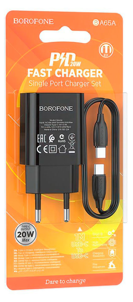 

Зарядное устройство Borofone BA65A 3А 20W + кабель TYPEC черный, 1 м
