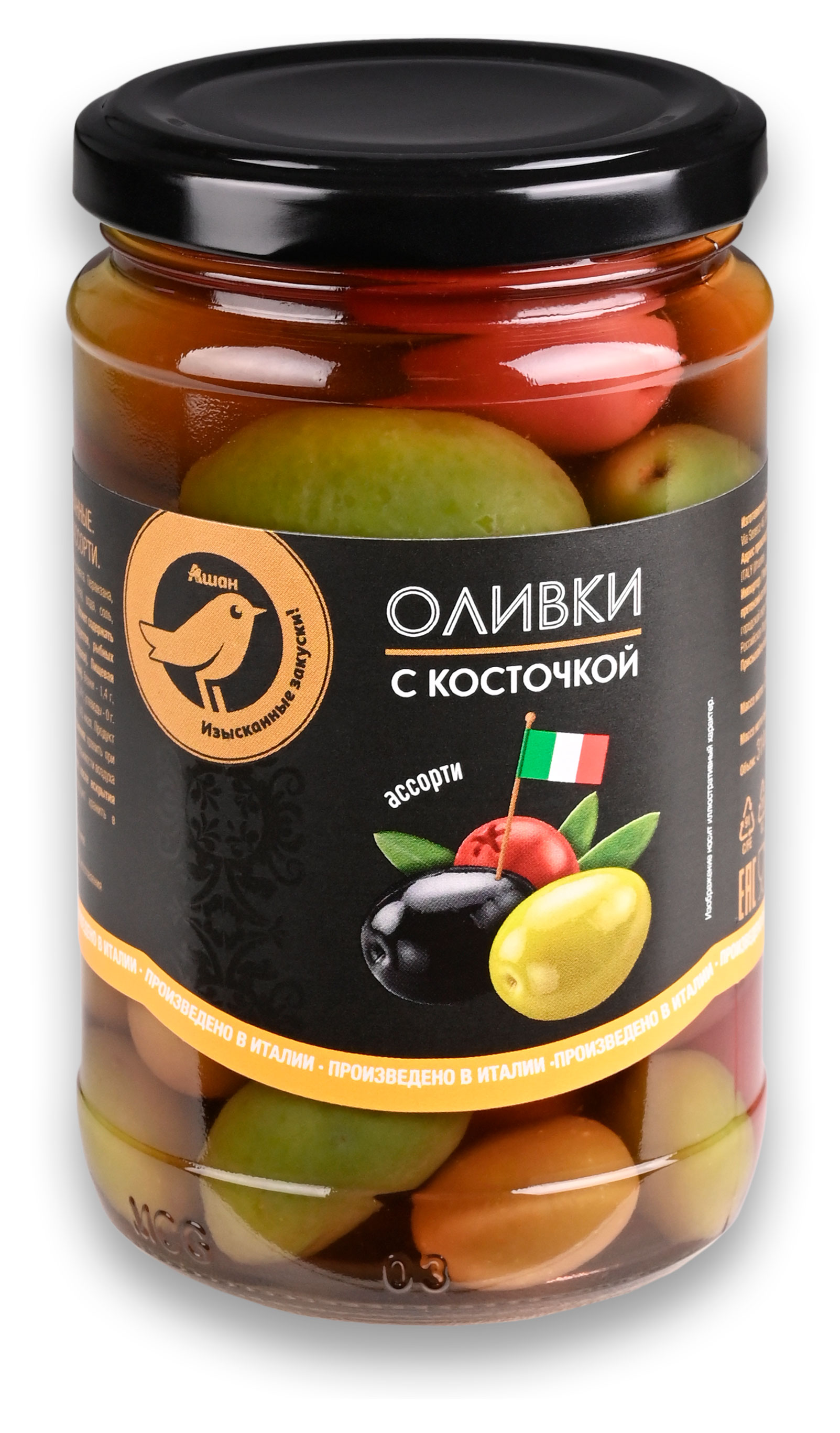 

Оливки АШАН Золотая птица с косточкой, 314 мл