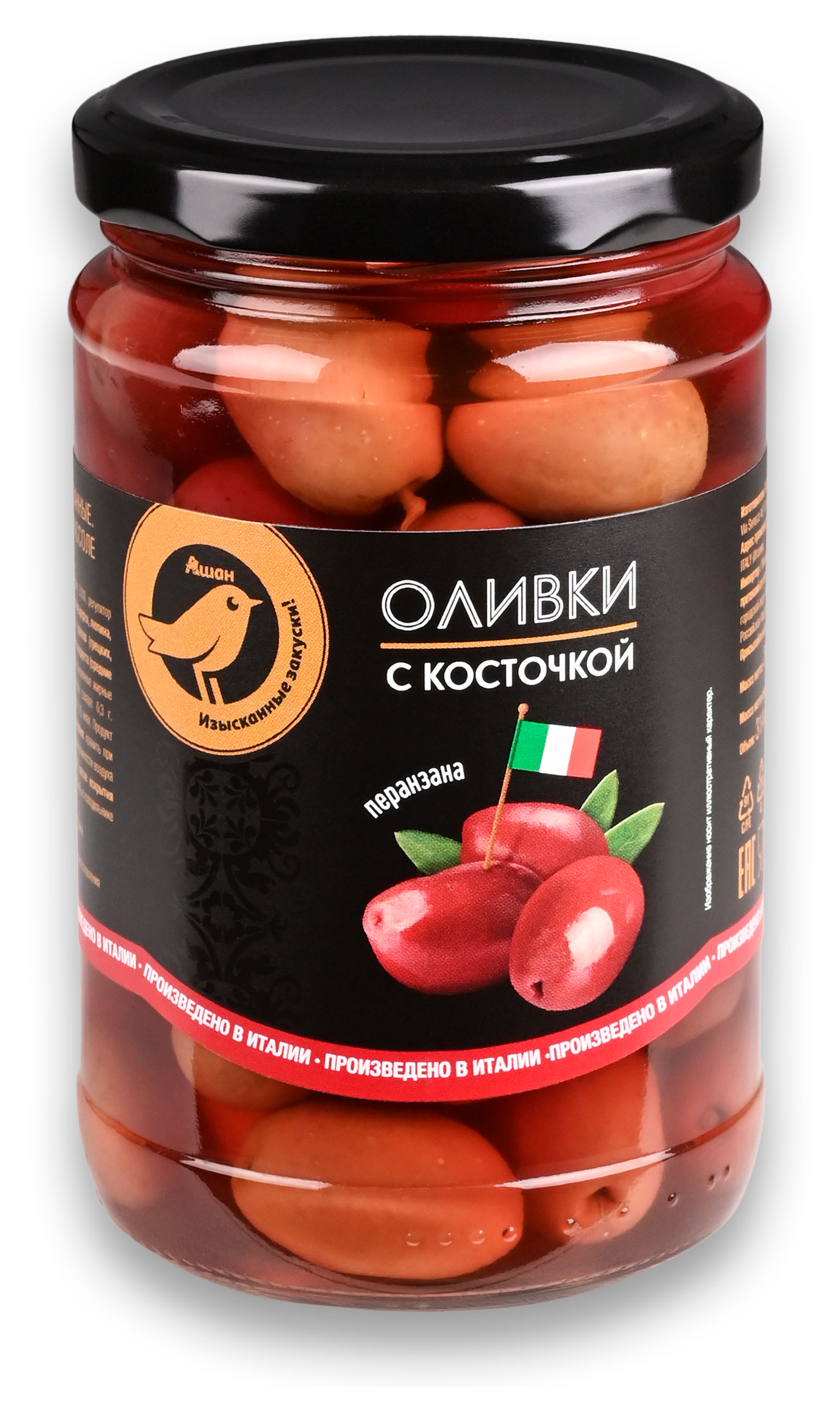 Изображение товара Оливки АШАН Золотая птица Перанзана с косточкой, 314 мл