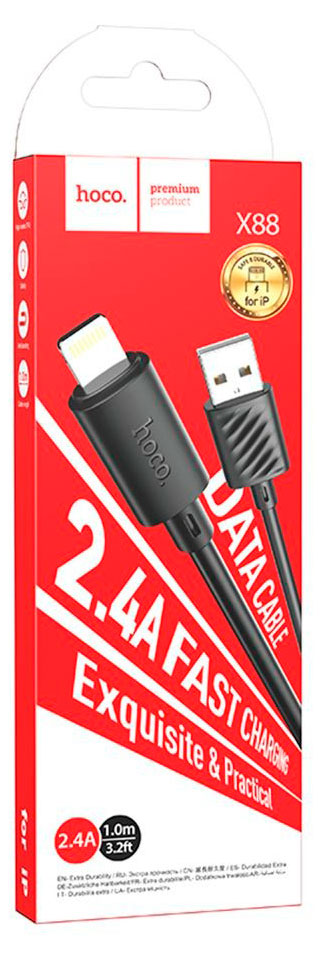 

USB кабель Hoco X88 Gratified Lightning 8-pin 2.4А черный, 1 м