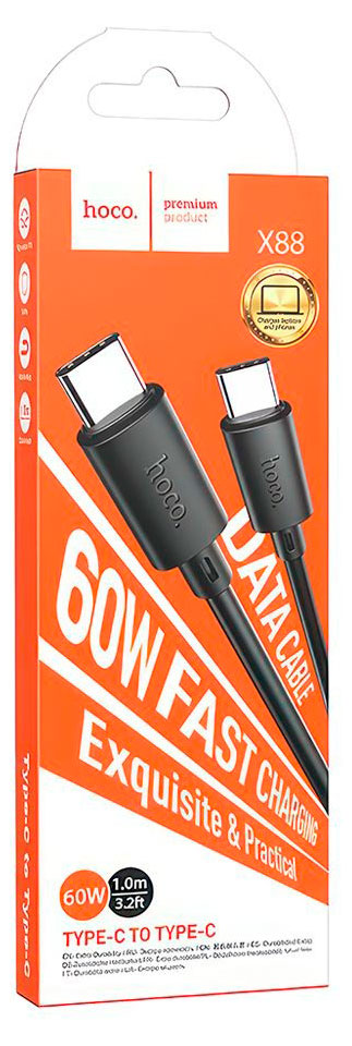 

USB-C кабель Hoco X88 Gratified Type-C 3А 60W черный, 1 м