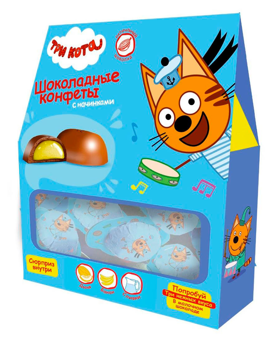 

Конфеты шоколадные Viva Choco Три кота Карамелька дыня банан сливки, 120 г