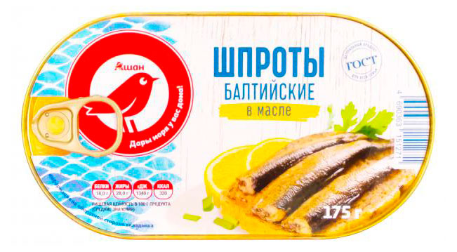 

Шпроты АШАН Красная птица из балтийской кильки в масле, 175 г