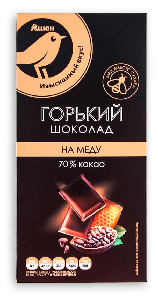 

Шоколад АШАН Золотая птица горький 70% на меду, 70 г