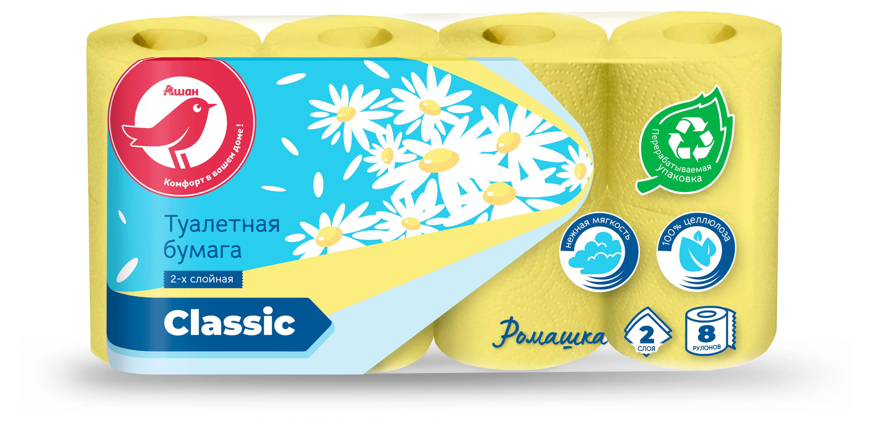 

Туалетная бумага АШАН Красная птица с запахом ромашки 2 слойная 8 рулонов