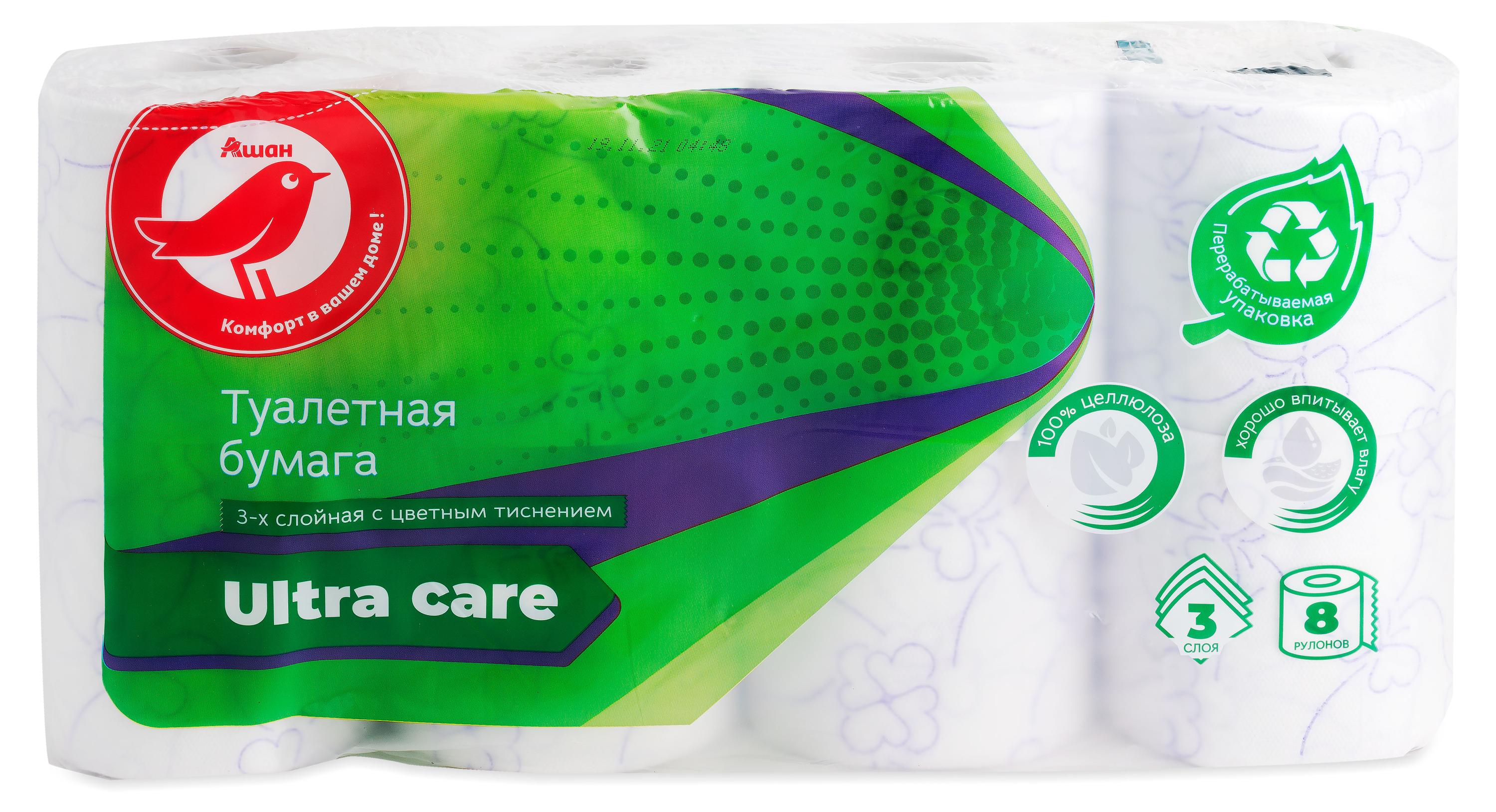

Туалетная бумага АШАН Красная птица цветная с тиснением, 3 слоя, 8 рулонов