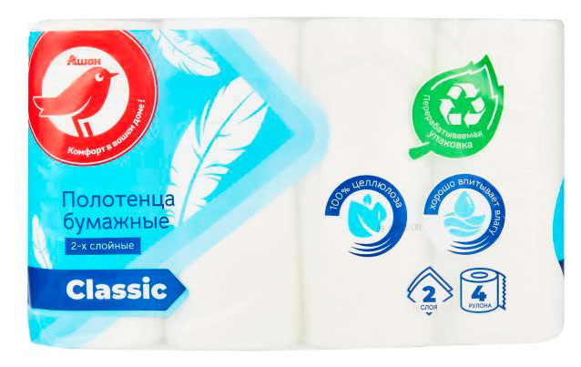 

Полотенца бумажные АШАН Красная птица 2-х слойные, 4 рулона