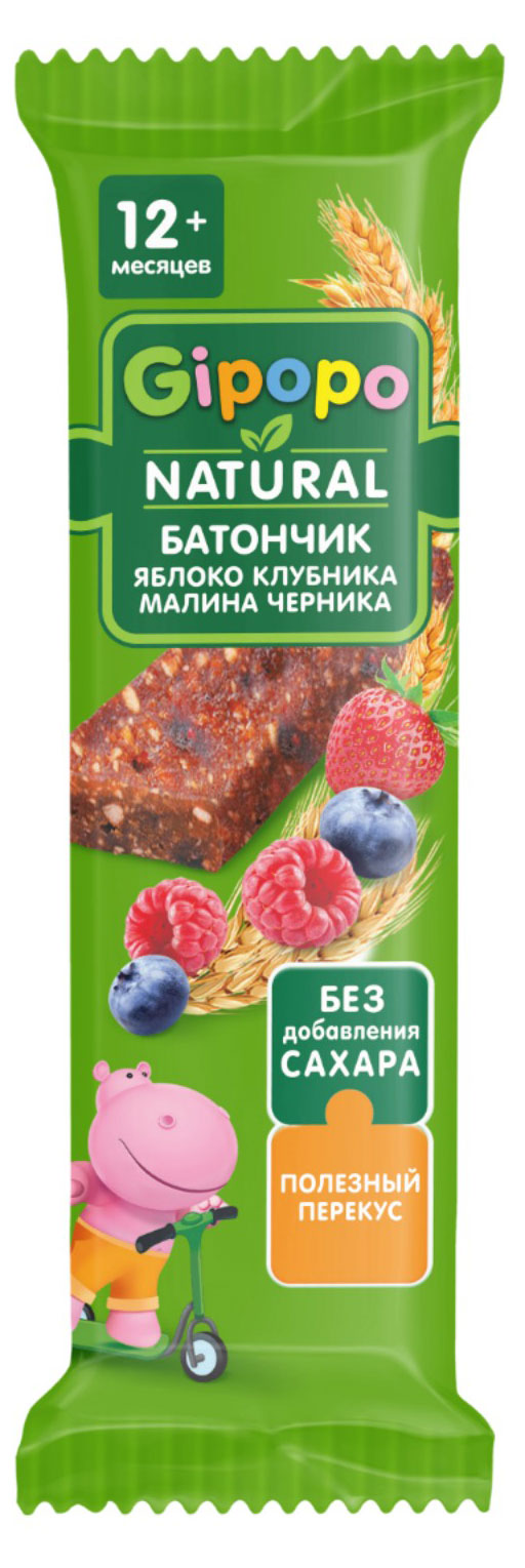 

Батончик злаково-фруктовый детский Gipopo яблоко клубника малина черника с 12 мес., 20 г