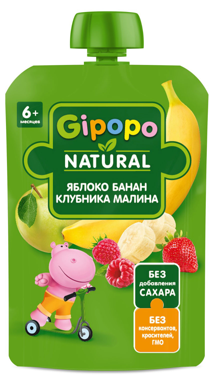 

Пюре фруктовое детское Gipopo из яблок, бананов, малины и клубники, с 6 мес., 90 г