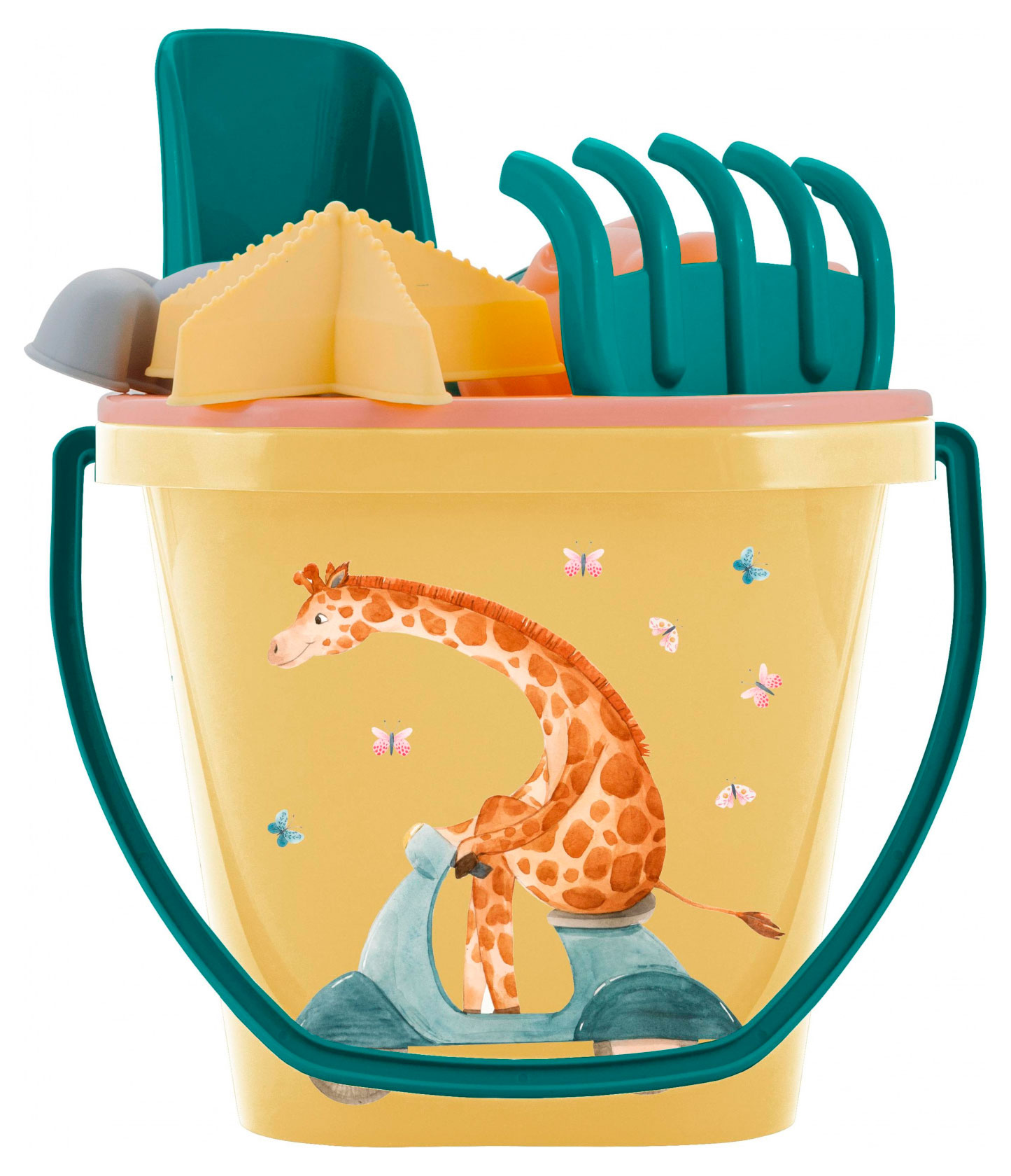 

Набор для песка Plast Team Play with Me Busy Animals (ведерко, сито, совочек, грабельки, 4 формочки)