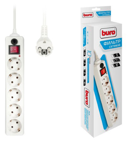 

Сетевой фильтр BURO 5 розеток белый, 5 м
