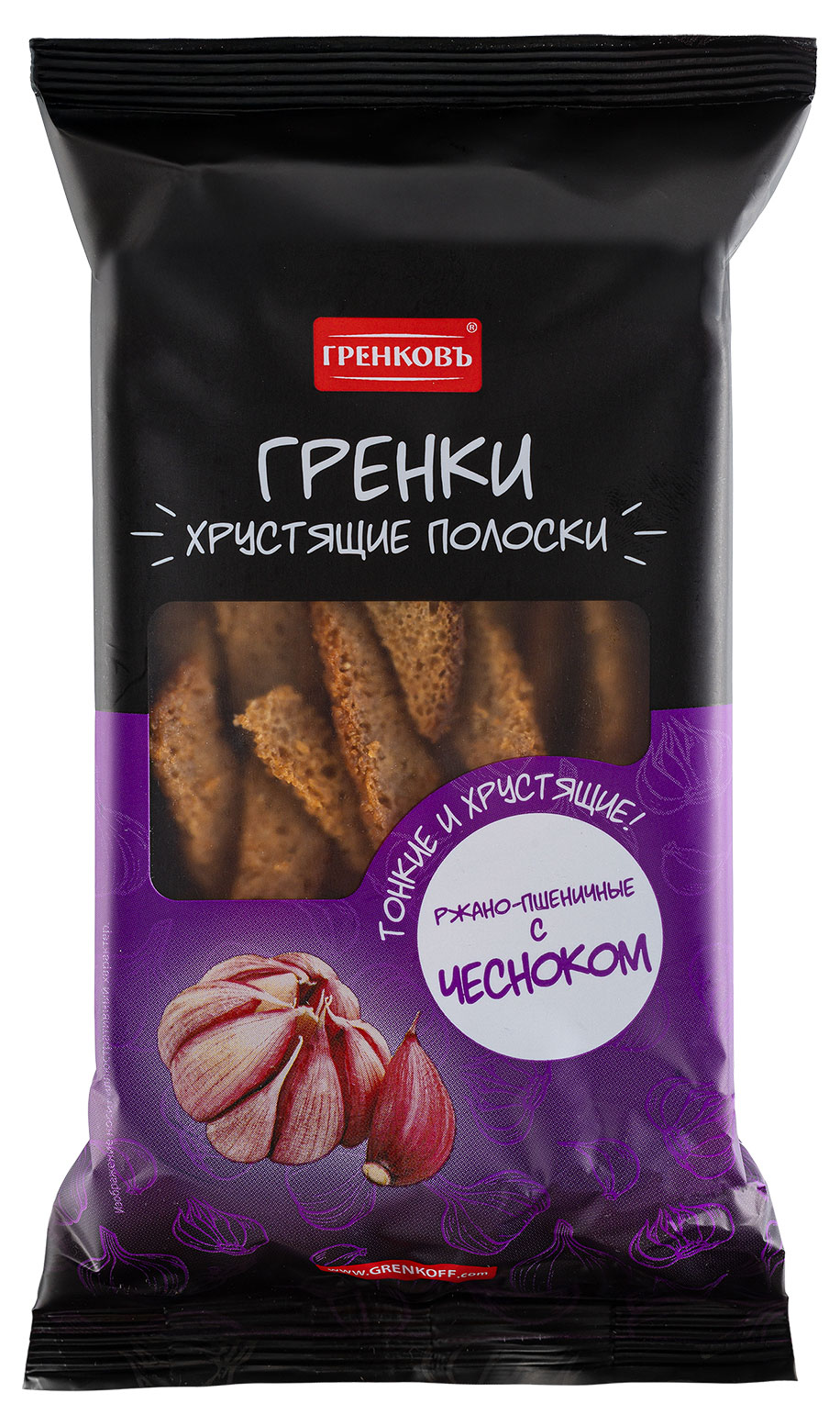 

Гренки ржано-пшеничные Гренковъ Хрустящие полоски с чесноком, 70 г